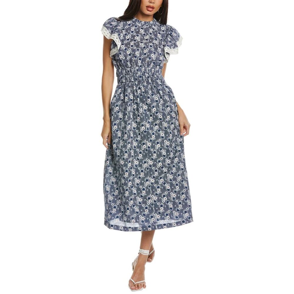 SEA New York Josefine Blue Daisy Floral Lace Flutter Sleeve Open Back Dress Sz 4